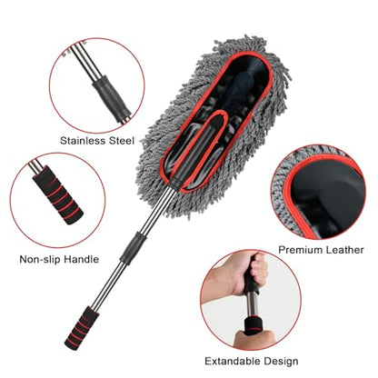 Car Duster Exterior Scratch Free,Microfiber Car Duster with Extendable Handle, with 3PCS Detailing Brush, Exterior Interior Multipurpose for SUV,Truck,RV