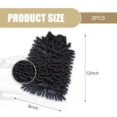 2 PCS Car Microfiber Wash Mitt, 5.51In X 9.05In Chenille, for Car Washing, Elastic Cuff Multi-Purpose Wash Mitt Cleaning Kit (Black)