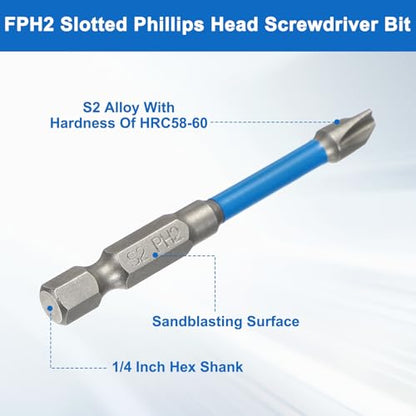 HARFINGTON 6Pcs FPH2 Slotted Phillips Head Screwdriver Bit Set, 65mm and 110mm Magnetic Tip 1/4" Hex Shank Metric Flat Cross Driver Drill Bit Wrench for Various Electric Screwdrivers