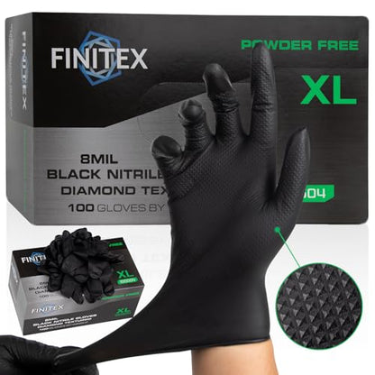 FINITEX Industrial Diamond Texture Nitrile Black Glove - 100/1000PCS Chemical Resistant 8mil Mechanic Disposable Gloves - color: Black (X-large 100)
