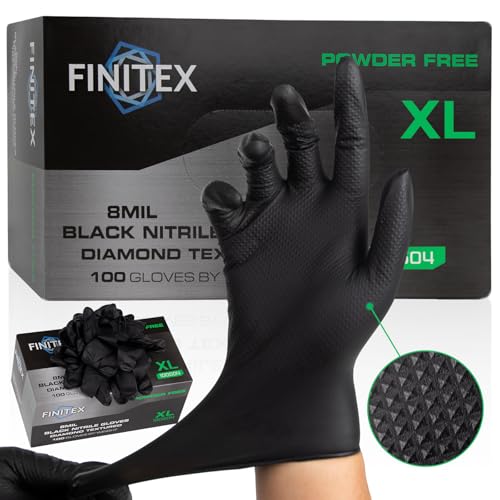 FINITEX Industrial Diamond Texture Nitrile Black Glove - 100/1000PCS Chemical Resistant 8mil Mechanic Disposable Gloves - color: Black (X-large 100)