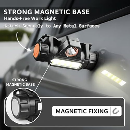 Magnetic LED Work Light & Rechargeable Headlamp - 2.7oz Ultra-Lightweight Task Light for Mechanics, DIY Repairs & Home Improvement - Motion Sensor, 90° Tilt & Hat Clip - Professional Gear
