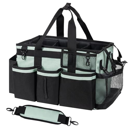 SCAVATA Wearable Cleaning Caddy, Cleaning Caddy Supplies Organizer with Handle & Shoulder Straps for Housekeepers, Under Sink & Car Cleaning Tool Organizers Bag with 4 Foldable Divider (Celadon) - color: Celadon