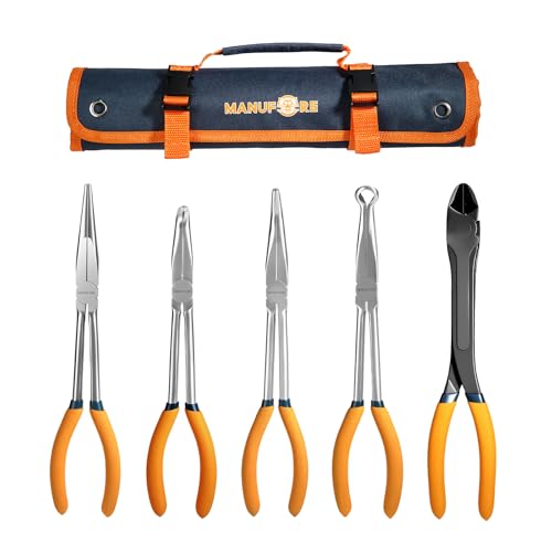 MANUFORE 5-Piece 11-Inch Long Reach Needle Nose Pliers Set for Tight Spaces | Straight, 45° & 90° Bent, Circle Nose and Diagonal, High Carbon Steel & CR-V, Comfort Grip for Better Control, Auto Repair - style: 5PCS