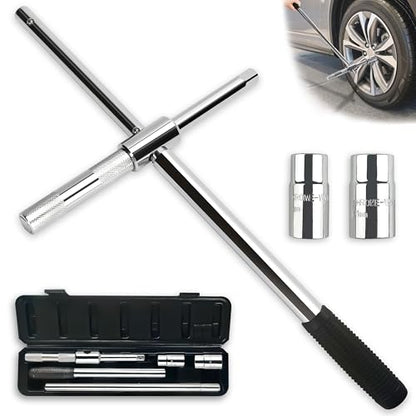 25'' Heavy Duty Extended Lug Wrench with Blow Storage Case, 4 Way Tire Iron Nut Wrench Set, Lug Nut Remover 1/2 Drive with Standard Sockets (17mm, 19mm and 21mm,23mm), Labor Saving Cross Wrench