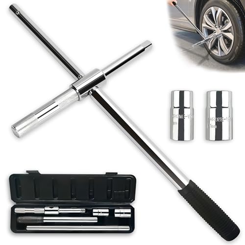 25'' Heavy Duty Extended Lug Wrench with Blow Storage Case, 4 Way Tire Iron Nut Wrench Set, Lug Nut Remover 1/2 Drive with Standard Sockets (17mm, 19mm and 21mm,23mm), Labor Saving Cross Wrench