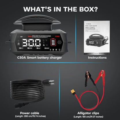 30 AMP Battery Charger, 6V/12V/24V Lead-Acid, Lithium, LiFePo4 Smart Battery Charger, Portable Large Screen Trickle Charger, Fully Automatic Chargers and Maintainer for Car, Motorcycle, Lawn Mower