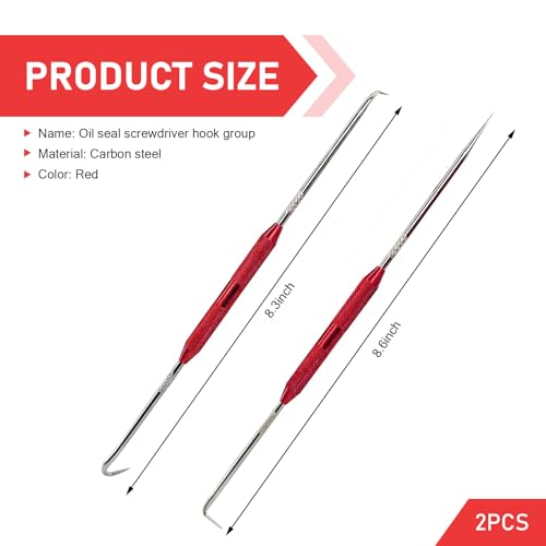 2PCS Hook & Pick Set Puller Remover, Rust-resistant Metal Automotive Oil Seal Removal Tool Kits, Anti-slip O-ring Seal Pick Tools, Universal for Most Cars (Red)