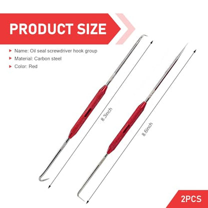 2PCS Hook & Pick Set Puller Remover, Rust-resistant Metal Automotive Oil Seal Removal Tool Kits, Anti-slip O-ring Seal Pick Tools, Universal for Most Cars (Red)