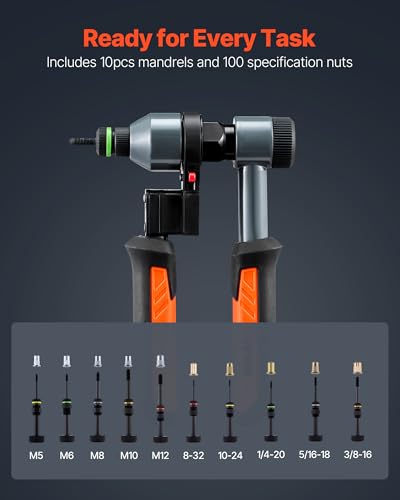 VEVOR Rivet Nut Tool Kit, 9-Inch Ratchet Rivnut Tool Kit, with 10 Mandrels and 100 Nuts, Metric and SAE Size M5, M6, M8, M10, M12, 8-32, 10-24, 1/4-20, 5/16-18, 3/8-16 UNC, with a Rugged Carrying Case - size: 9"-RATCHET, style: RIVET NUT TOOL