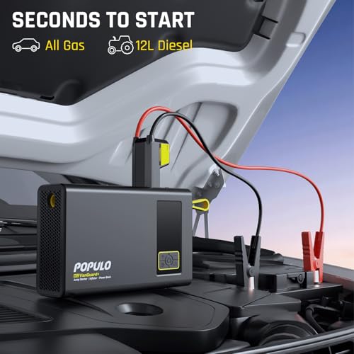 POPULO Car Jump Starter with Air Compressor, 12V 59.2Wh Portable Booster Pack Box with 150PSI Digital Tire Inflator, Extended Smart Clamps, 3000A 4-in-1 Auto Battery Starter (All Gas/12L Diesel)