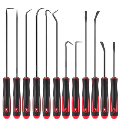 12 Pcs Pick Set Mechanic, Hook and Pick Tool Set with Non-Slip Grip, Long and Short Automotive Pick Set for Oil Seal, O-Ring and Gasket Removal, Car Repair, Mechanical and DIY Use, Black/Red - color: Black/Red