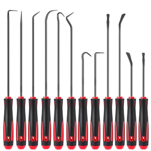 12 Pcs Pick Set Mechanic, Hook and Pick Tool Set with Non-Slip Grip, Long and Short Automotive Pick Set for Oil Seal, O-Ring and Gasket Removal, Car Repair, Mechanical and DIY Use, Black/Red - color: Black/Red