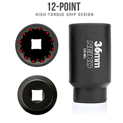 NEIKO 02527A 36mm Socket | 1/2” Drive Deep Impact Socket | Spindle & Axle Nut Socket | 12 Point |Chrome Molybdenum Cr-Mo |Deep Well Hub | Triple Square | Axle Shaft Nut Remover - size: 36 mm (Single)