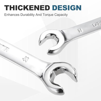 HARFINGTON 2 Pcs Flare Nut Wrench 9mm x 11mm Metric Double Open End Thick Spanner Mirror Polish Finish 45# Steel Brake Line Wrench For Fuel Tube Hose Transmission Line, Silver - size: 9mm x 11mm