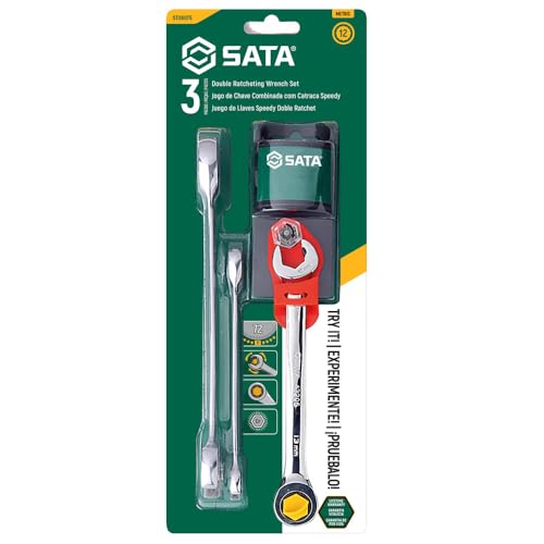 SATA ST09075 Metric Double Ratcheting Wrench Set Sleek Head Design, 3 Pieces