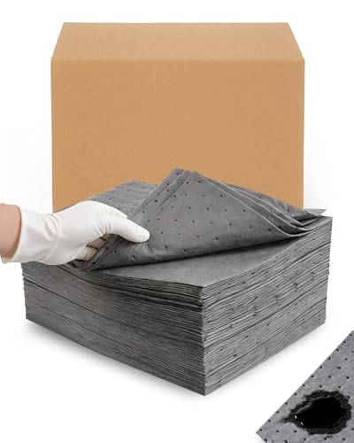 15"x17" Oil Absorbent Pads 100 Pack | Heavy & Fast Absorb | Reusable & Trimmable Lightweight Pads that Absorb Oil, Water, Coolant & Solvents for Workshops, Garages & Kitchen Drains - size: 15x17 Inch