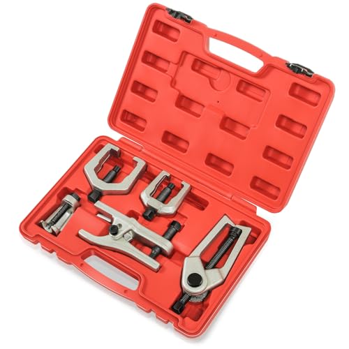 Auto Dynasty [5PC] Universal Repair Kit with Joint Separator Kit Tie Rod Ball Joint Romover Pitman Arm Puller Tie Rod End Puller, Red Storage Case - color: Red