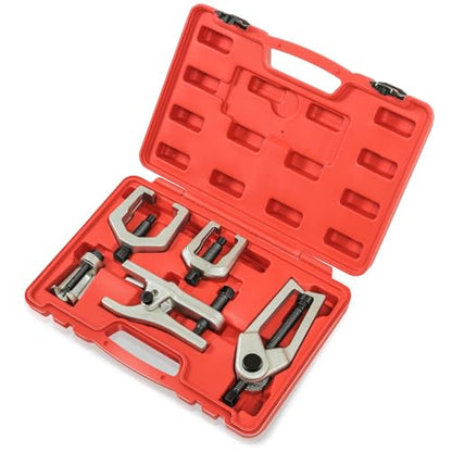 Auto Dynasty [5PC] Universal Repair Kit with Joint Separator Kit Tie Rod Ball Joint Romover Pitman Arm Puller Tie Rod End Puller, Red Storage Case - color: Red