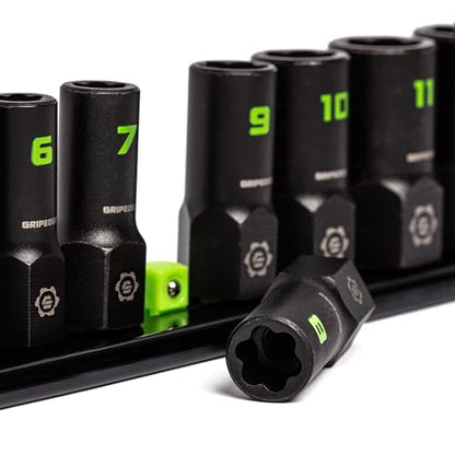 GRIPEDGE Tools | 9-PC - 1/4'' Drive Metric RPT Socket Extractor Set | Sizes 4 – 12 MM | Removes Broken Studs, Stripped Bolts and Lug Nuts | Includes Premium Aluminum Socket Rail|