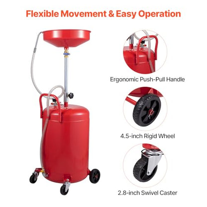 VEVOR 20-Gallon Waste Oil Drain Tank, Air Operated Portable Oil Drainer with Adjustable Funnel Height, Fluid Fuel Transfer Drainage with Wheels, Oil Change Container for Auto Repair Shops, Garages | Air Operated, Portable Oil Drainer, Adjustable Funnel He