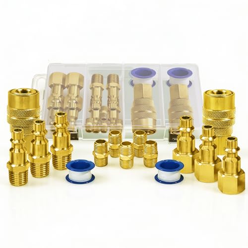 LE LEMATEC Air Compressor Hose Fittings Kit, 1/4 NPT | Solid Brass, 15-Piece, 3 Male 3 Female Plugs, 5 Dual Couplers, Teflon Tape, Leak-Proof, Pneumatic Tools, Storage Case