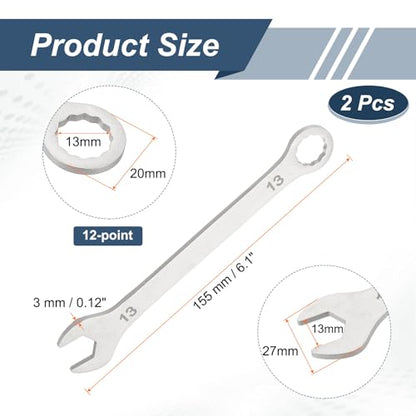 HARFINGTON 2Pcs Super Thin Combination Wrench 13mm Metric 12-Point Box and Open End Stainless Steel Double Ended Spanner Tool for Automotive Pipe Furniture Machinery DIY Repair, Silver - size: 13mm