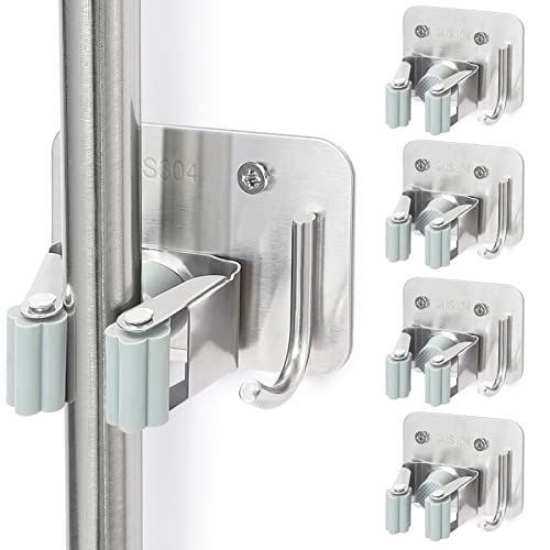 Broom Holder Wall Mount Screw Drilling, Sturdy Heavy Duty Stainless Steel Mop Gripper Rack Perforated, Perfect for Laundry Room Organizer, Fit with Laundry Kitchen Garage Garden Storage System | Drill-Mounted Gripper Rack Holds Brooms, Mops and Garden Too