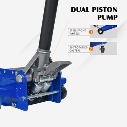3 Ton Low Profile Floor Jack, Heavy Duty Aluminum & Steel Hydraulic Jack with Dual Pistons Quick Lift Pump, 2.95"-19.88" Lifting Range, Rubber Saddle, Blue & Silver