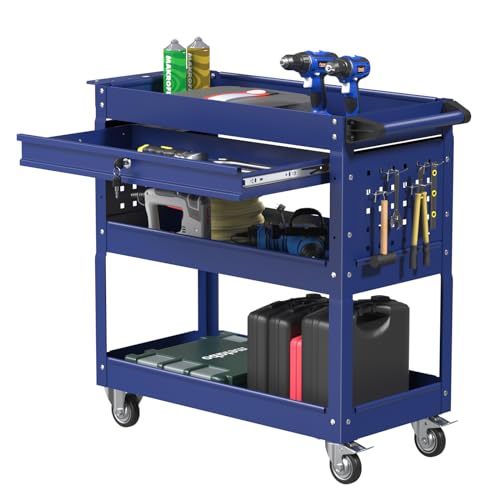 3 Tier Rolling Tool Cart, Heavy Duty Service Cart on Wheels for Mechanics,400 LBS Utility Cart with Drawers for Garage, Warehouse & Repair Shop (Blue, Tool carts) - color: Blue