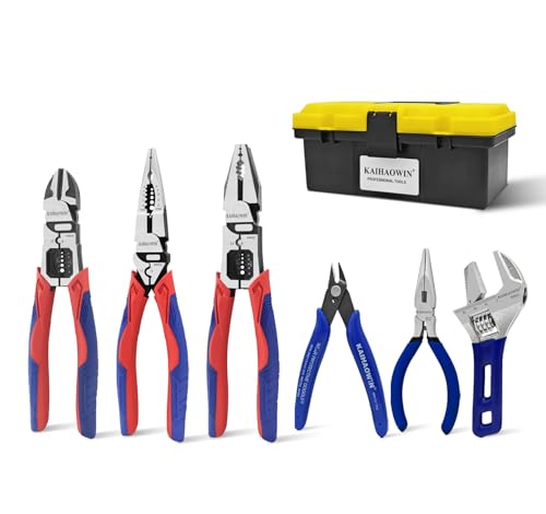 KAIHAOWIN 6-Piece Tool Set with Case, 8.8” Long Nose, 8.8” Linesman, 8” Diagonal, 6“ Adjustable Wrench, 5” Needle Nose, 5" Flush Cutter for Repairing & Home Use - color: Crafting Set