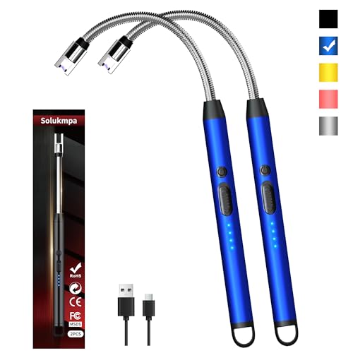 2 Pack Rechargeable Type C Electric Lighters, Blue | Flameless and Windproof, Plasma Arc, 360° Long Reach Flexible Neck, LED Power Display, For Candles, BBQ Grill & Camping - color: Blue