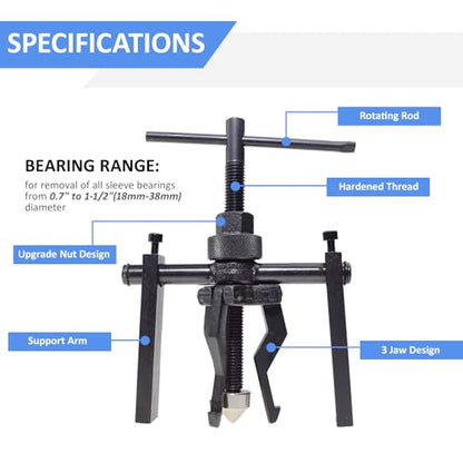 3 Jaw Inner Bearing Puller, Jaw Pilot Bearing Puller Bushing Gear Extractor Heavy Duty Pilot Bearing Removal Tool Small Bearing Pullers
