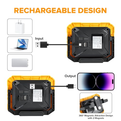 LUTEC 2 Pack 3500LM LED Work Light, Rechargeable Magnetic Work Lights with Stand, Portable 5000K Flood Light for Car Repair, Fishing, Camping, Emergency, Hiking, 3 Modes - size: 2 Pack