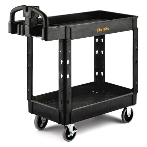 ELAFROS 2-Tier Heavy Duty Utility Cart with Ergonomic Handle, 37.5 x 17 in | 550 lbs Capacity, Deep Shelves, Built-In Tool Compartments, Rolling Service Cart, Work Cart, Mobile Storage Organizer, Garage