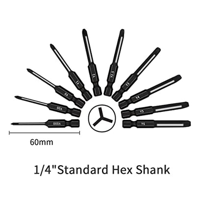 TriWing Bit Set (10 Pack - 2.3" Long Magnetic Heads) in The Following Tri Wing Bits Screwdriver Sizes: Y000, Y00, Y0, Y1, Y2, Y2.5, Y3, Y4, Y5, and Y6 - style: Triwing