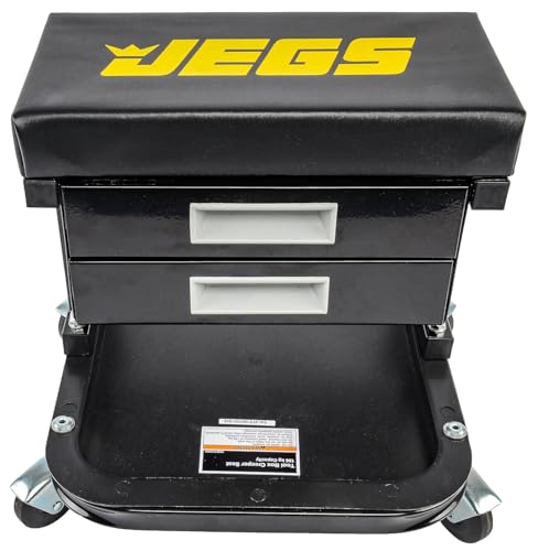 JEGS Mechanic Seat With Drawers and Tool Tray | 300 LBS Capacity | Black Finish with JEGS Logo | Padded Seat | 4 Caster Wheels