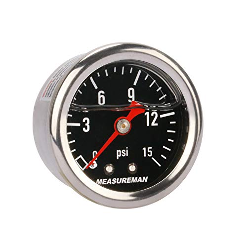 MEASUREMAN 1.5" Black Dial, 304 Stainless Steel case, Liquid Filled Fuel Pressure Gauge, 0-15Psi, 3-2-3%, 1/8" NPT Center Back Mount - size: 0-15 psi, style: Back Mount (Black Dial)