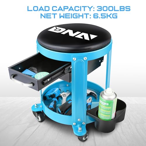 DNA Motoring Round Mechanics Roller Seat Creeper Stool with Padded Cushion, Tool Storage Drawer & Tray, 300 Lbs Max Weight Capacity, Blue, TOOLS-00492 - color: Blue