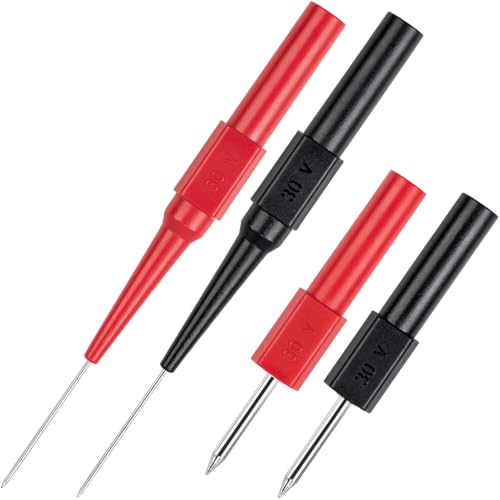 OIIKI 4Pcs Test Probe Pins, 2 Sizes Wire Piercing Needle, Black, Red | Stainless Steel Non-Destructive Insulation Back Probe Pins, Super Tip Multimeter Probes for Banana Socket Plug, Car Tester - color: Black, Red, 4Pcs, 2 Sizes