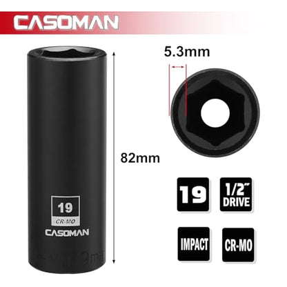 CASOMAN 1/2-Inch Drive x 19mm Deep Impact Socket, 6-Point, Metric, CR-MO - size: 19 mm (Deep), style: 6-Point Socket