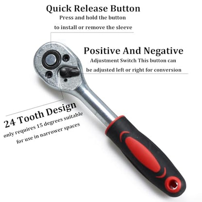 46 Pieces Mechanic Tool Kit,1/4” Dr. Socket Ratchet Wrench Set Bit Sockets Extension Bar,Metric Mechanical Tool Kit for Auto Repairing Household
