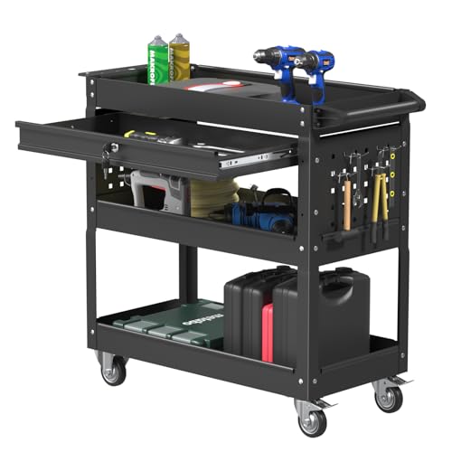 3 Tier Rolling Tool Cart, Heavy Duty Service Cart on Wheels for Mechanics,400 LBS Utility Cart with Drawers for Garage, Warehouse & Repair Shop (Black, Tool carts) - color: Black
