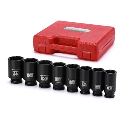 MIXPOWER 8 Pieces 1/2-Inch Drive Deep Impact Socket Set, CR-MO, 6 Point, Deep, SAE, 1-Inch - 1-1/2 inch, 1/2" Drive Axle Nut Socket Set