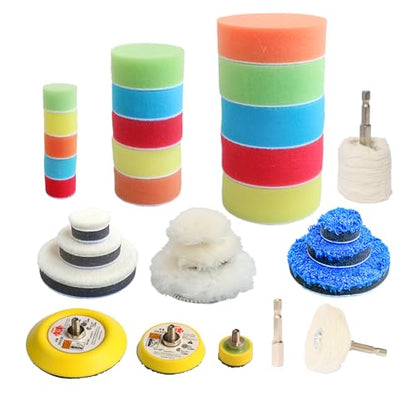 30pcs Drill Polishing Kit Car Detail Buffing Wheel with M6 Thread Backing Plate & 1/4” Hexagonal Shank,Car Sanding Polishing Waxing Pad for Drill and Mini Air Sander