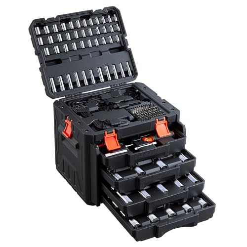 VEVOR Mechanics Tool Set, 256-Piece Mechanic Tool Kit, 1/4 in, 3/8 in, and 1/2 in Drive, SAE and Metric Socket Set, Wrenches, Screwdriver Bits, Accessories, and Storage Case, for Automotive Repair - size: 1/4"&3/8"&1/2", style: 256 PCS