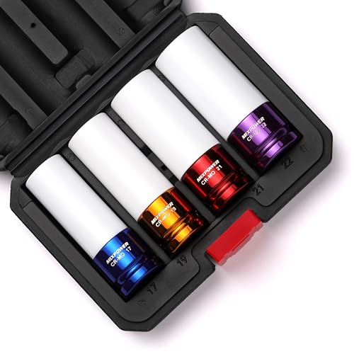 1/2" Drive Wheel Protector Impact Socket, 4 pcs Thin Wall Deep Impact Socket Set, Durable Plastic Sleeve Lug Nut Socket, 6 Point, Metric, 17mm,19mm,21mm,22mm - size: 17 mm, 19 mm, 21 mm, 22 mm