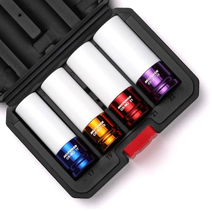 1/2" Drive Wheel Protector Impact Socket, 4 pcs Thin Wall Deep Impact Socket Set, Durable Plastic Sleeve Lug Nut Socket, 6 Point, Metric, 17mm,19mm,21mm,22mm - size: 17 mm, 19 mm, 21 mm, 22 mm