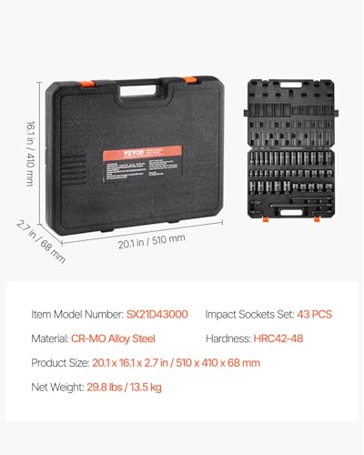 VEVOR Impact Socket Set 1/2" Socket Set 43 Piece Deep & Shallow SAE 3/8" to 1-1/2", 6 Point Cr-Mo Alloy Steel for Auto Repair, Easy-to-Read Size Markings, Rugged Construction, Storage Case - style: 1/2" 43PCS CR-MO
