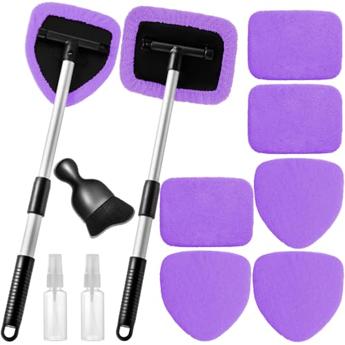 Qydipclin 11pcs Windshield Cleaner Tool, Car Window Cleaning Wash Kit with 6 Reusable Microfiber Pads 2 Spray Bottles and Extendable Handles Auto Glass Wiper Kit, Purple - color: Purple
